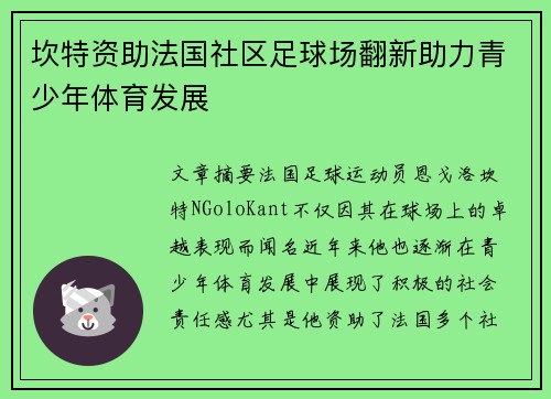坎特资助法国社区足球场翻新助力青少年体育发展