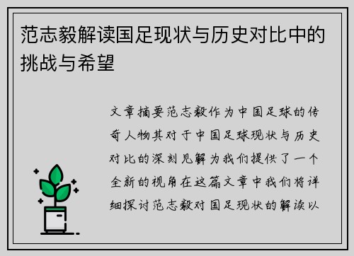 范志毅解读国足现状与历史对比中的挑战与希望
