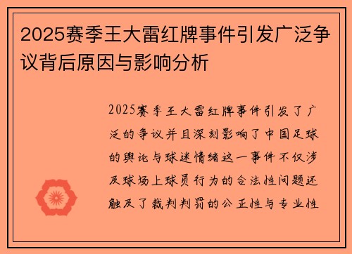 2025赛季王大雷红牌事件引发广泛争议背后原因与影响分析