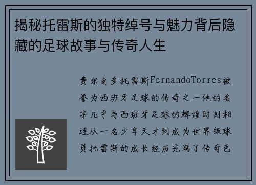 揭秘托雷斯的独特绰号与魅力背后隐藏的足球故事与传奇人生